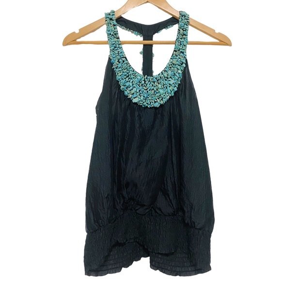 Bebe Turquoise Embellished Black Silk Razorback Tank XXS - Picture 1 of 7